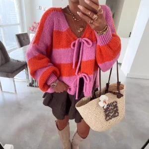 Autumn Winter Stripe Knitted Coat Women Elegant Style V-neck Long Sleeve Bowknot Leace-up Cardigan Lady Knitwear Clothing Coats