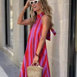 Stripe Print Halter Neck Long Dresses Women Fashion Backless Party Leace-up Casual Loose Vacation Dress Lady Simple Vestidos