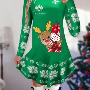 Dresses For Women Christmas Theme Cartoon Print Winter Long Sleeve Dresses Fashion Evening Party Vestidos 2023 Green Robes