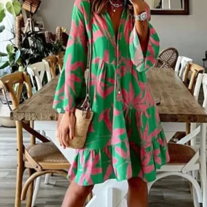 Bohemian Print Mini Dresses Women Fashion V-neck Flared Sleeve Loose Short Dress Casual Beach Vacation Vestidos Female Beachwear